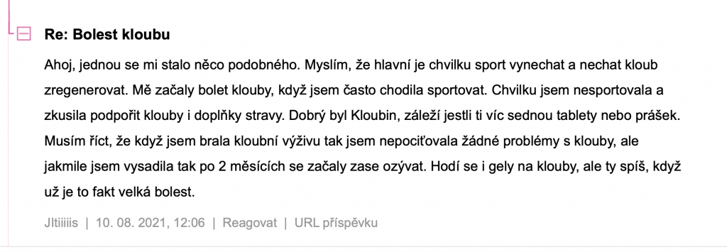 Recenze a zkušenost na doplněk stravy Kloubin v diskuzním fóru na Zdravéomlazení.cz