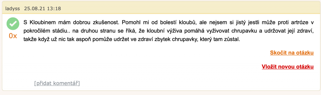 Recenze a zkušenost na doplněk stravy Kloubin v diskuzním fóru na Poradte.cz